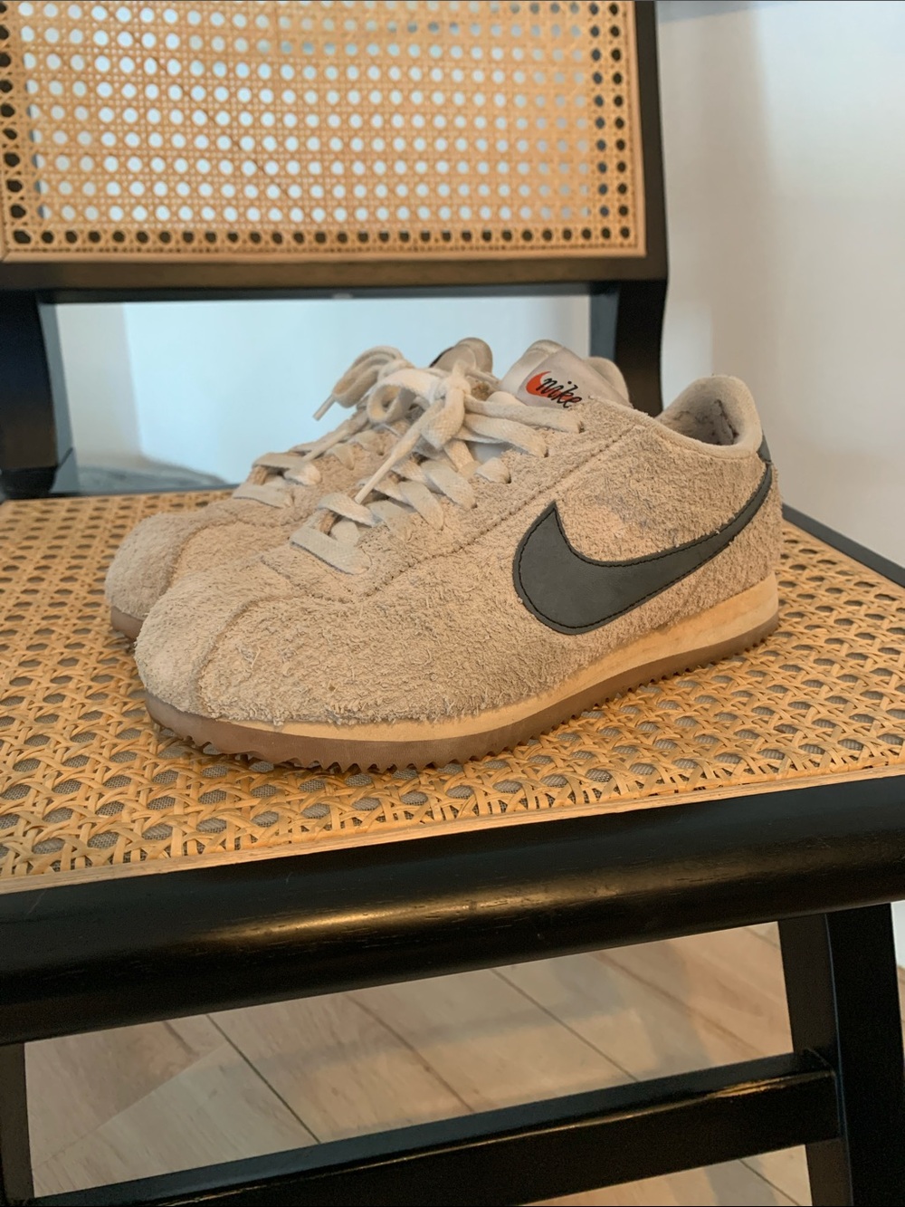 Nike Beige Suede-Textured Sneakers with Black Swoosh- Cortez